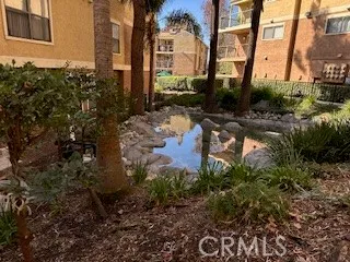 a garden view with a sitting space