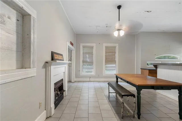 a view of a porch with wooden floor
