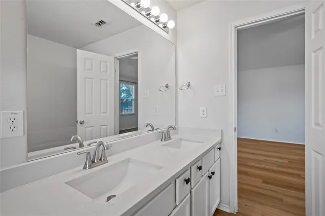 a bathroom with a sink double vanity and a mirror