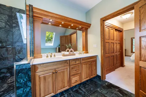 a bathroom with a sink a mirror and a shower