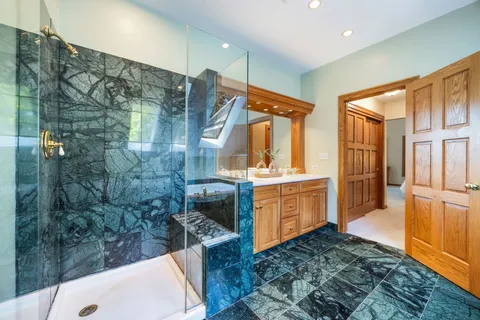 a bathroom with a sink a vanity and shower