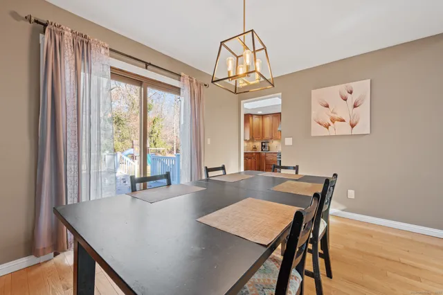 a view of a dining room and livingroom with furniture wooden floor a rug a potted plant and a chandelier