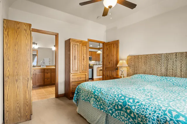 a bedroom with a large bed and a chandelier