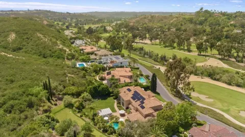 an aerial view of residential houses with outdoor space and trees