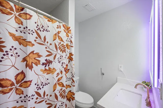 a white toilet sitting next to a shower curtain