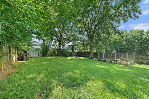 a backyard of a house with lots of plants and large tree