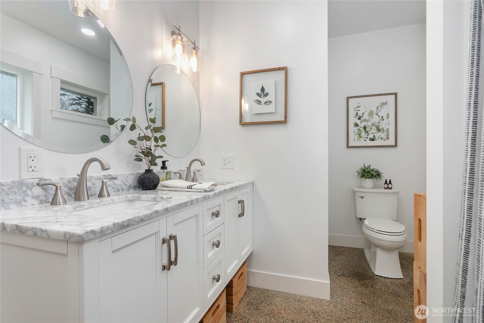 7393 Hannegan Road Lynden, WA 98264 - Photo 15 of 29 a bathroom with a granite countertop sink mirror vanity and toilet