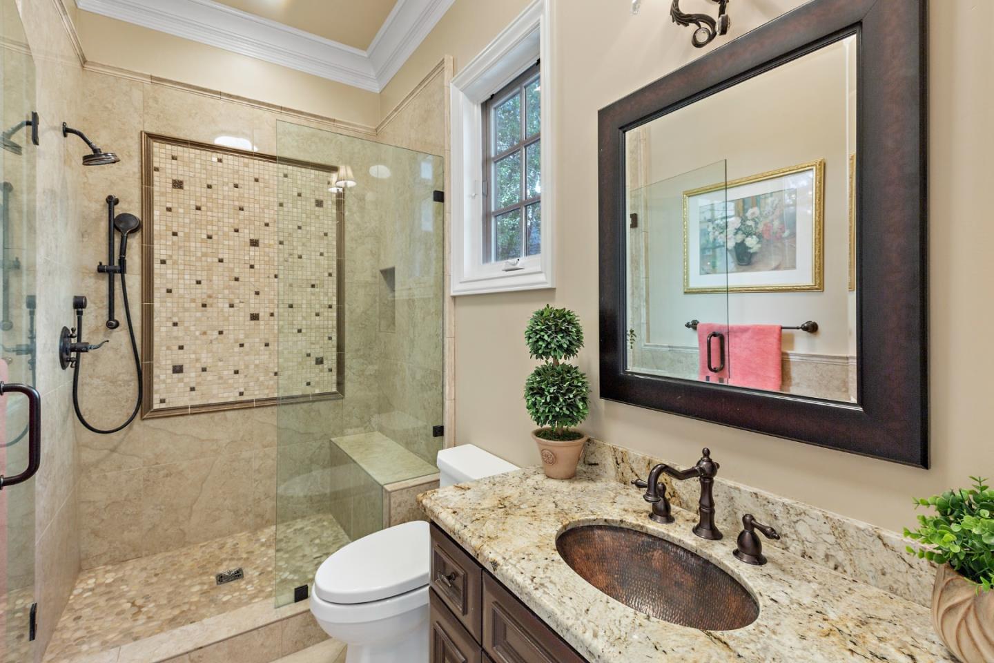 1187 Clark Way San Jose, CA 95125 - Photo 13 of 81 a bathroom with a granite countertop sink a mirror a vanity and a shower