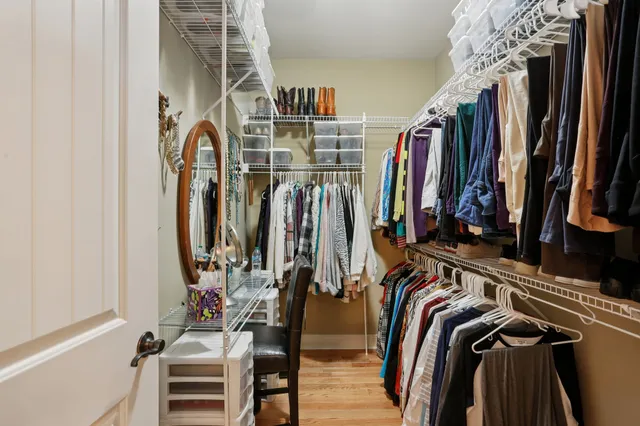 a view of a garage with storage