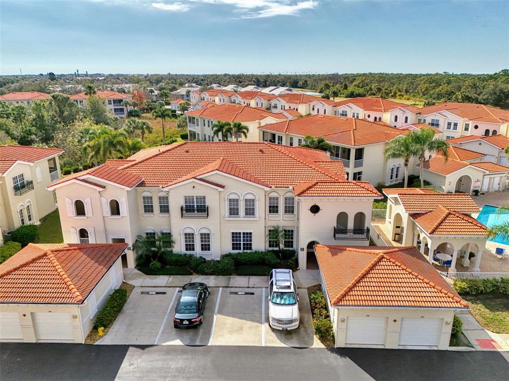an aerial view of a house with a garden