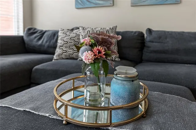 a living room with furniture flowerpot and a chandelier