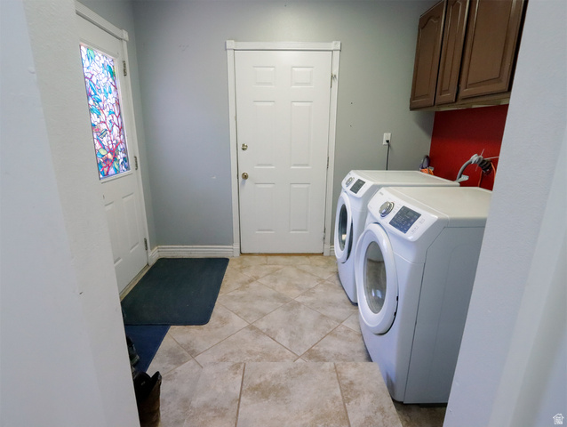 270 East 100 North Monroe, UT 84754 - Photo 20 of 65 Laundry area featuring ceramic tile flooring, upper cabinetry, and a red accent wall