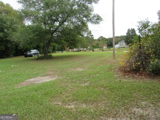 a view of house with yard and trees in the background