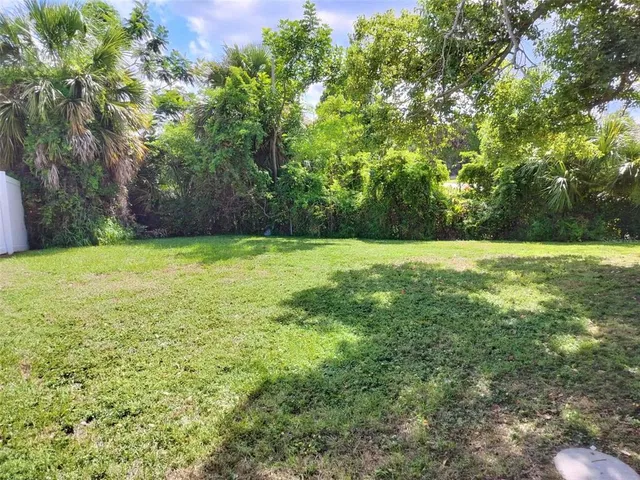 a view of a field with a trees in the background