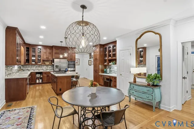 a view of a dining room with furniture