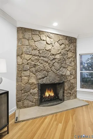 a room with a fireplace