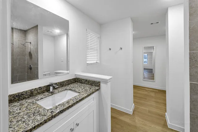 a bathroom with a granite countertop sink and a mirror
