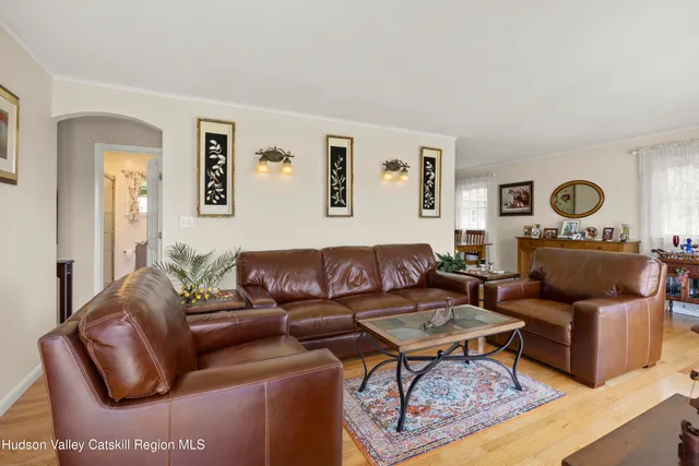 a living room with furniture a rug and a window