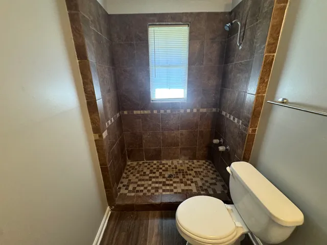 a bathroom with a toilet and a shower