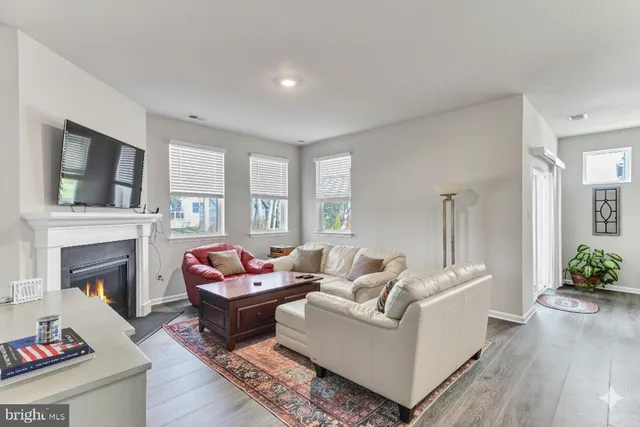 a living room with furniture a fireplace and a potted plant