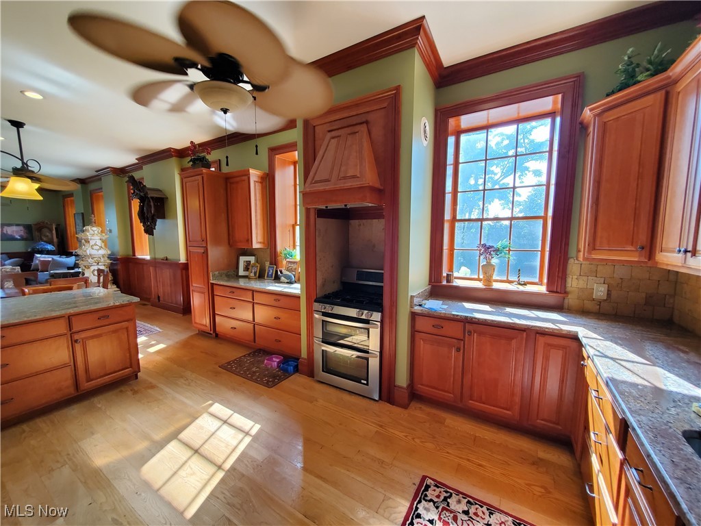 150 Main Street Hayesville, OH 44805 - Photo 11 of 50 Kitchen featuring crown molding, cabinets, range with two ovens, light stone counters, and ceiling fan.
