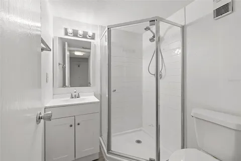 a bathroom with a shower sink vanity and mirror