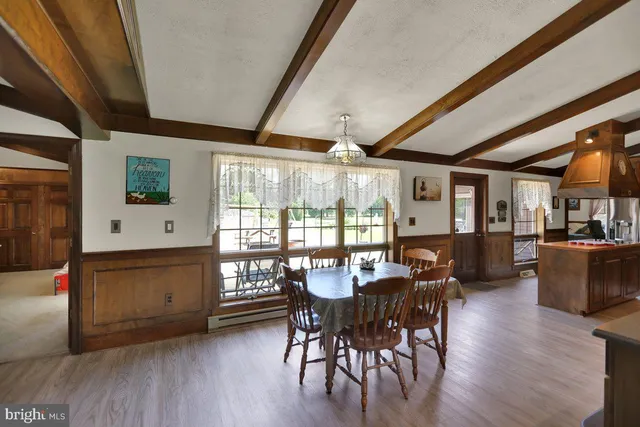 a view of a dining room with furniture window and wooden floor