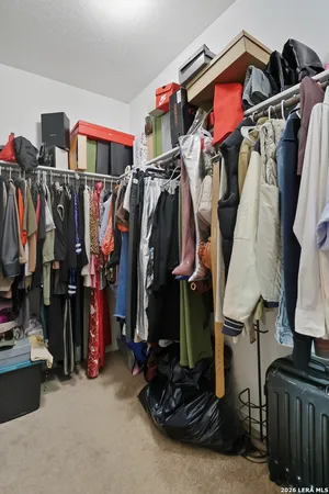 a view of a hallway with closet and a bathroom