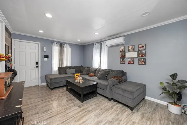 a living room with furniture potted plant and a wooden floor