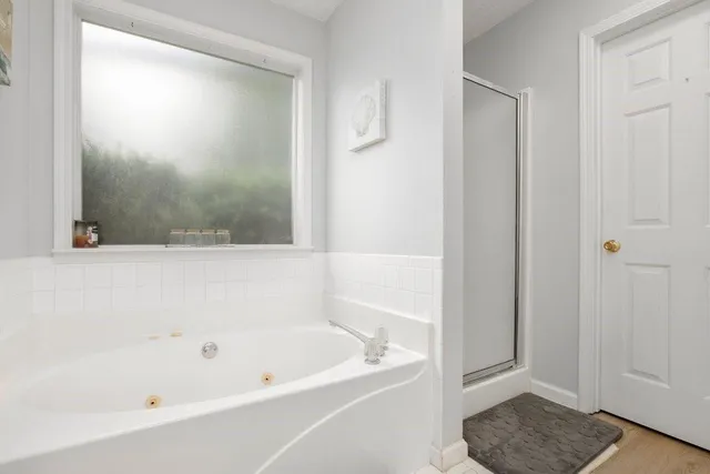 a bathroom with a bathtub and a shower