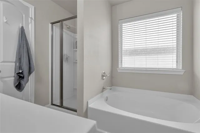 a bathroom with a bathtub and a shower