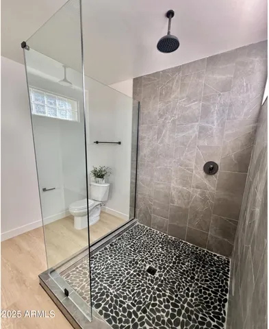 a bathroom with a sink toilet a mirror and shower