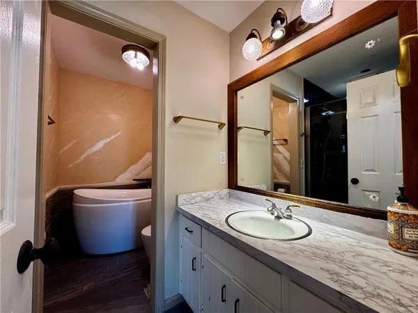 a bathroom with a granite countertop sink a toilet and shower