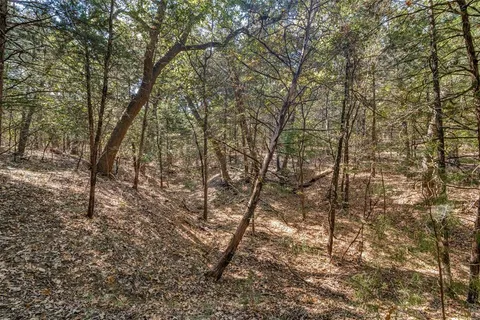 a backyard of a house with large trees and outdoor seating