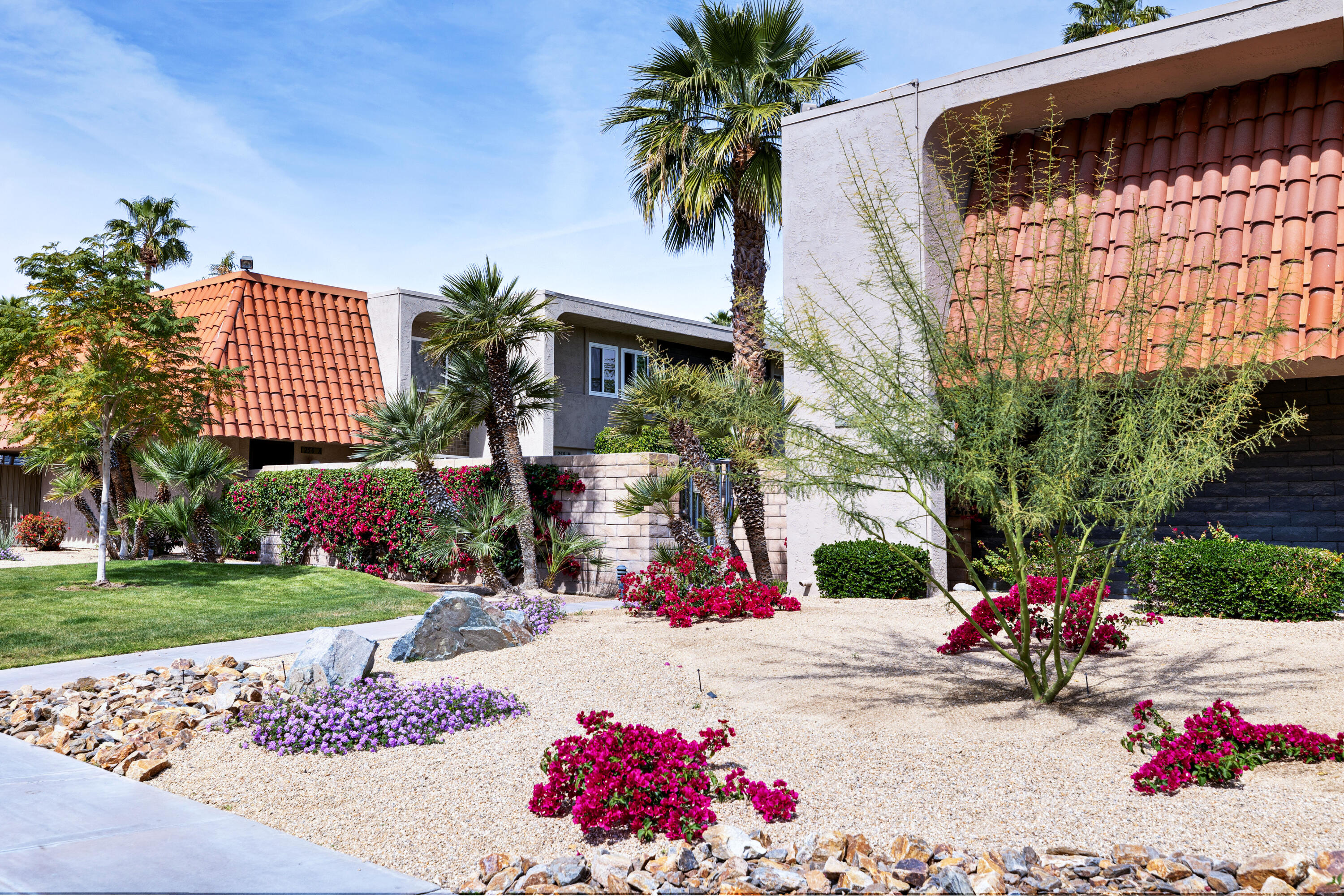 250 East Via Escuela, Unit G Palm Springs, CA 92262 - Photo 23 of 25 a view of a white house with a yard and potted plants