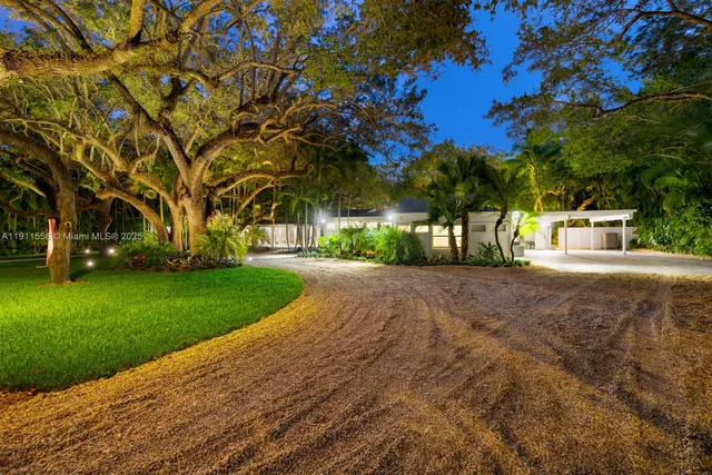 a view of road with large trees