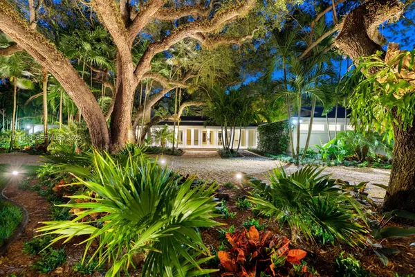a view of garden with plants and trees