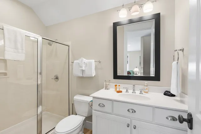 a bathroom with a sink vanity granite toilet and shower