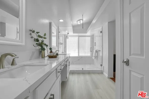 a bathroom with a sink a large mirror and a shower