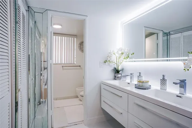 a bathroom with a sink a potted plant and a mirror