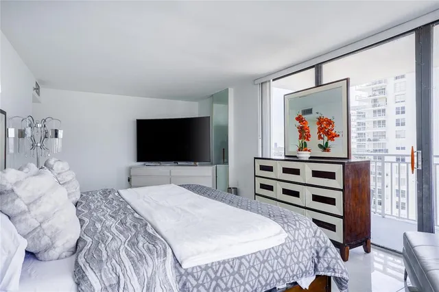 a bedroom with a bed and a flat screen tv