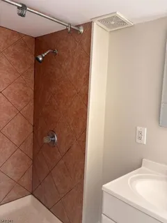 a bathroom with a shower and a toilet