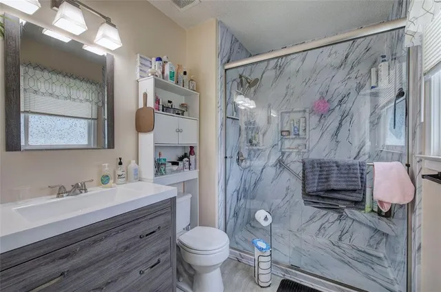 a bathroom with a sink toilet a mirror and shower