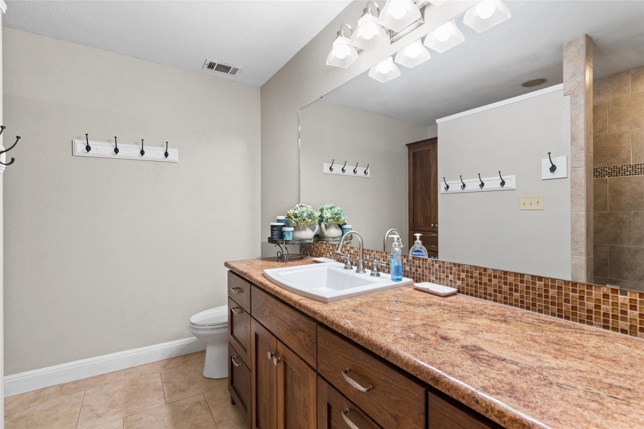 720 Circle G Ranch Road Austin, TX 78737 - Photo 21 of 37 a bathroom with a granite countertop sink a toilet and a mirror