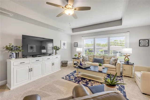 a view of swimming pool with outdoor seating and palm tree
