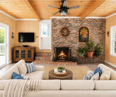 a living room with fireplace furniture and a flat screen tv