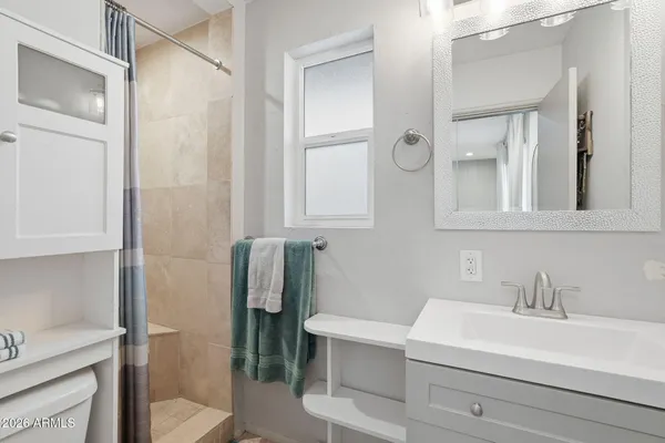 a bathroom with a sink and a mirror
