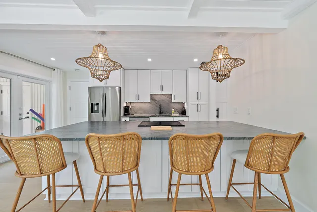 a view of a dining room with furniture