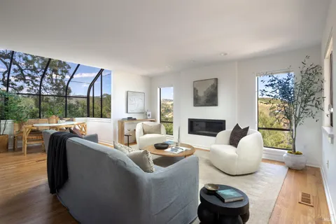 a living room with furniture a fireplace and a floor to ceiling window