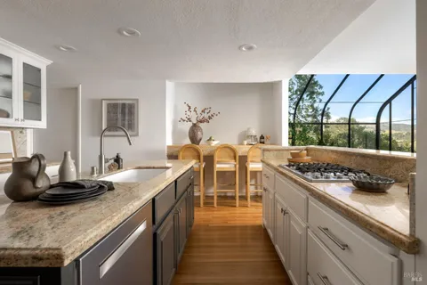 a kitchen with stainless steel appliances granite countertop a stove a sink and a refrigerator